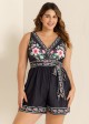 Black Floral Pocket Lace Up V Neck Wrap Curvy One Piece Swimsuit Swim Romper
