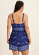 Navy Geometric Print V Neck Modest Wrap Pocket Plus Size Swimsuit One Piece Swim Romper