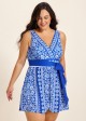 Blue And White Floral V Neck Modest Wrap Pocket Curvy Swimsuit One Piece Swim Romper