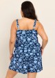 Plus Size Blue Floral Scoop Neck Modest Wide Straps Pocket Swimsuit One Piece Swim Romper