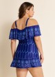 Plus Size  Navy Off The Shoulder Line Flowers Women One Piece Swimdress