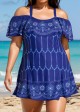 Plus Size  Navy Off The Shoulder Line Flowers Women One Piece Swimdress