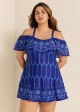 Plus Size  Navy Off The Shoulder Line Flowers Women One Piece Swimdress