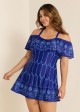 Plus Size  Navy Off The Shoulder Line Flowers Women One Piece Swimdress