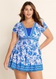 Blue White Floral Color Block Curvy Swimsuit Swimdress Top