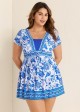Blue White Floral Color Block Curvy Swimsuit Swimdress Top