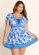 Blue White Floral Color Block Curvy Swimsuit Swimdress Top