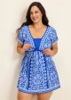 Curvy Blue And White Floral Short Sleeves Modest Padded Women's Swimsuit Swimdress Top