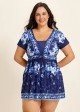 Blue Floral Short Sleeves Vintage Padded Plus Size Women's Swimsuit Swimdress Top