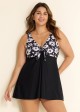 Trendy Black Floral Print Tie Front One Piece Swimsuit