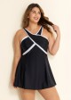 Black And White Cross Front High Neck One Piece Swimdress