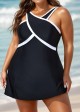 Black And White Cross Front High Neck One Piece Swimdress