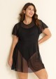 Plus Size Black High Neck Mesh Sleeves One Piece Swimdress