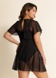 Plus Size Black High Neck Mesh Sleeves One Piece Swimdress