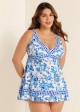 White And Blue V-Neck Floral Patterns Swimdress Set