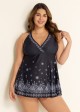 Black Paisley Print V Neck Wrap Plus Size Swimming Suits For Womens Swimdress Set