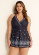 Black Paisley Print V Neck Wrap Plus Size Swimming Suits For Womens Swimdress Set