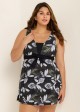 Plus Size Black Leaf Print Vintage Swimsuit Swimdress Set