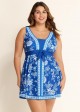 Plus Size Blue And White Floral Front Tie Scoop Neck Swimsuit Swimdress Set