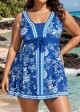 Plus Size Blue And White Floral Front Tie V Neck Swimsuit Swimdress Set
