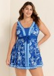 Plus Size Blue And White Floral Front Tie Scoop Neck Swimsuit Swimdress Set
