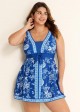 Plus Size Blue And White Floral Front Tie Scoop Neck Swimsuit Swimdress Set