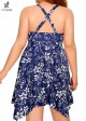 Navy Blue Floral Tie-Front Drawstring Asymmetrical Hem One Piece Swimdress
