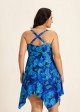 Tropical Leaf Flattering Drawstring Asymmetrical Hem Plus Size Swimsuit One Piece Swimdress