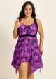 Purple Tropical Leaf Modest Drawstring Asymmetrical Hem Curvy Swimsuit One Piece Swimdress