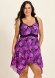 Purple Tropical Leaf Modest Drawstring Asymmetrical Hem Curvy Swimsuit One Piece Swimdress