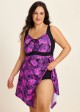 Purple Tropical Leaf Modest Drawstring Asymmetrical Hem Curvy Swimsuit One Piece Swimdress