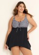 Black And White Striped Tie-Front Drawstring Asymmetrical Hem Swimdress Top