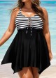 Black And White Striped Tie-Front Drawstring Asymmetrical Hem Swimdress Top