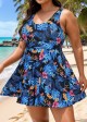 Romantic Blue Floral Print Back Cross Flowy Swim Dress Set