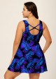 Purple Scoop Neck Plants Print Tie Front Modest Plus Size Swim Dress Set