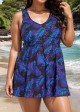 Purple V Neck Plants Print Tie Front Modest Plus Size Swim Dress Set