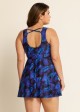 Purple V Neck Plants Print Tie Front Modest Plus Size Swim Dress Set