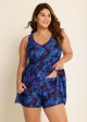 Purple V Neck Plants Print Tie Front Modest Plus Size Swim Dress Set