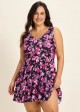 Curvy Pink Floral Print Modest Padded Cross Back Women's Swimsuit Two Piece Swimdress Set