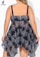 Mesh Print Tie-Front Drawstring Asymmetrical Hem Graceful Swimdress Set