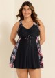 Stylish Tropical Print Patchwork Tie Front Swim Dress Set