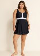 Black And White Color Block Round Neck Casual One Piece Swimdress