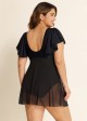 Mesh Skirt Hem And Sleeves One Piece Swimsuit With Cross Front Design