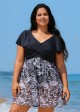 Black And White Print Short Sleeve Cross Front Ruffle One Piece Swimdress