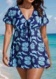 Blue Leaf Print Front Knot Short Sleeve Swimdress Set