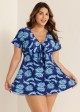 Blue Leaf Print Front Knot Short Sleeve Swimdress Set