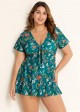 Green V Neck Floral Print Front Twisted Trendy Ruffle Swimdesse Set