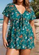 Green V Neck Floral Print Front Twisted Trendy Ruffle Swimdesse Set