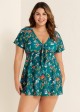 Green V Neck Floral Print Front Twisted Trendy Ruffle Swimdesse Set