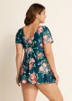 Plus Size Green Floral Short Sleeve Ladies Bathing Suits Swimdress Set